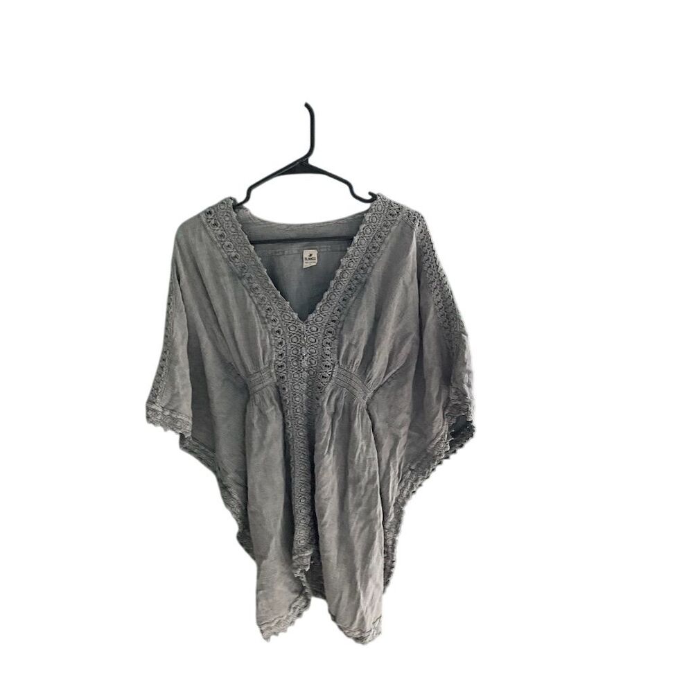 Blanco Gray‎ Cotton Gauze Crochet Trim Poncho Top V-Neck Elastic Waist Medium
